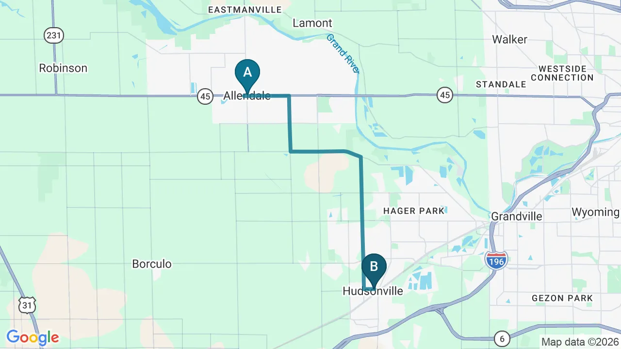 Driving directions map from Allendale, MI to Rise Family Chiropractic in Hudsonville