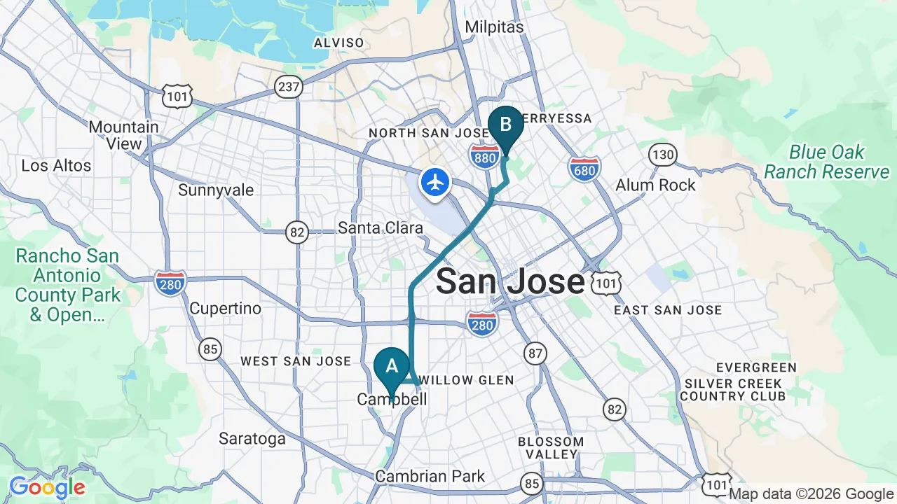 Driving directions map from Campbell, CA to Rise Family Chiropractic in San Jose
