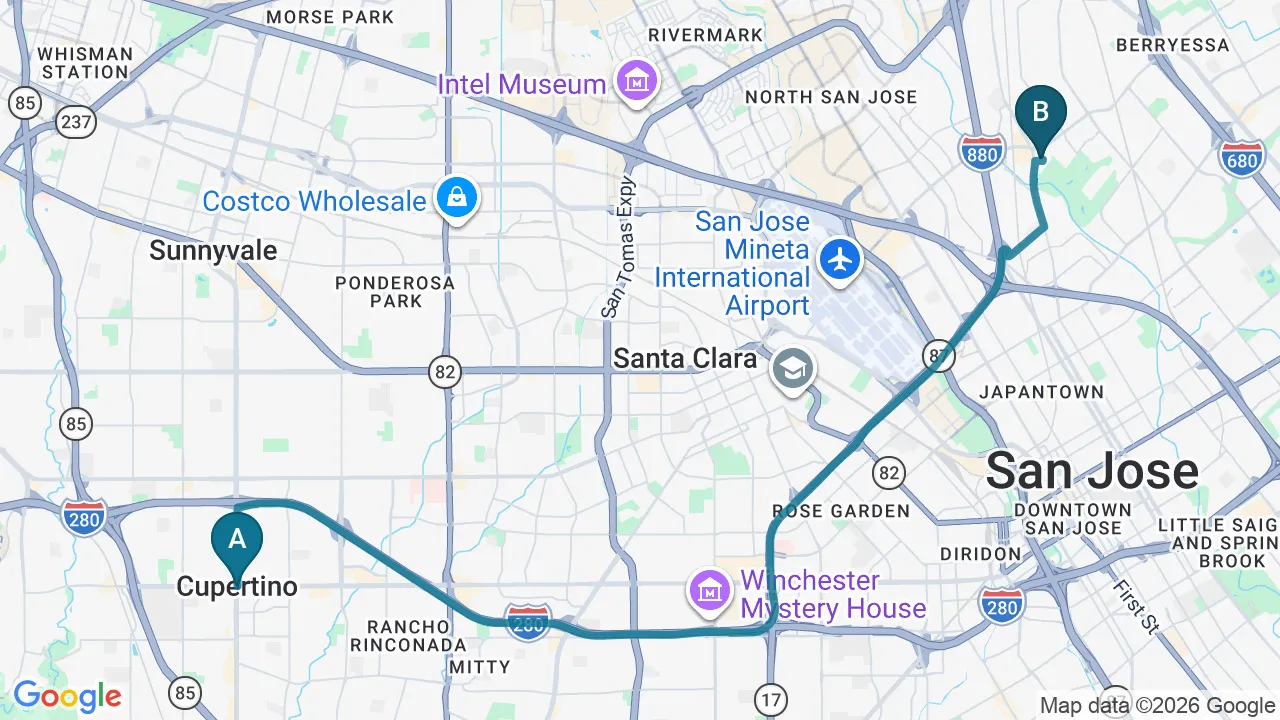 Driving directions map from Cupertino, CA to Rise Family Chiropractic in San Jose