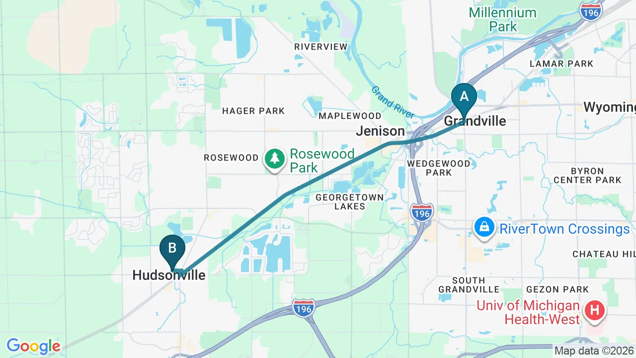 Driving directions map from Grandville, MI to Rise Family Chiropractic in Hudsonville