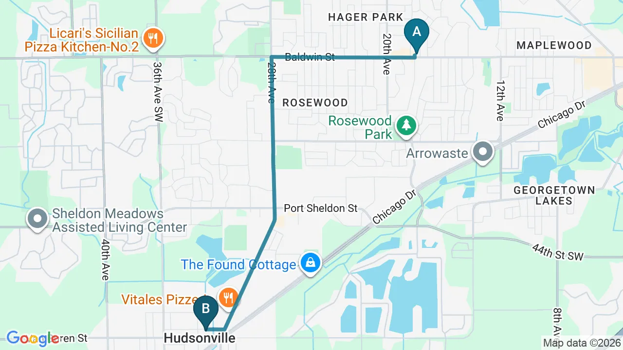 Driving directions map from Jenison, MI to Rise Family Chiropractic in Hudsonville