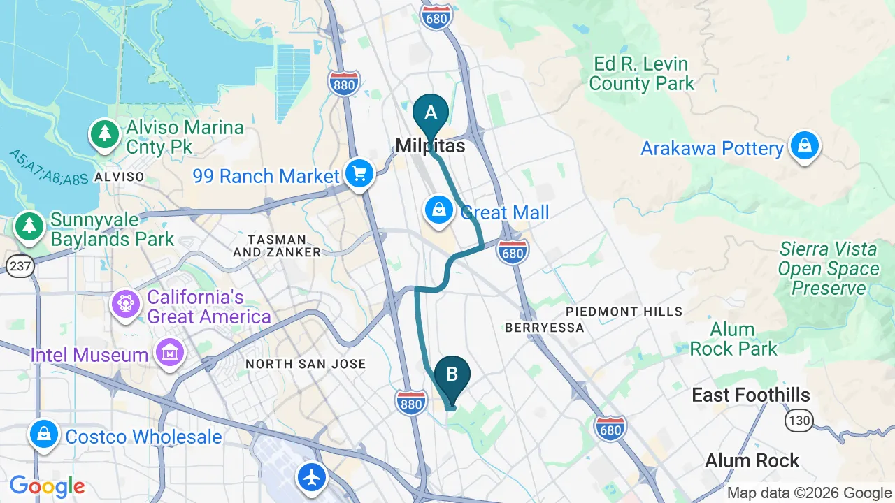 Driving directions map from Milpitas, CA to Rise Family Chiropractic in San Jose