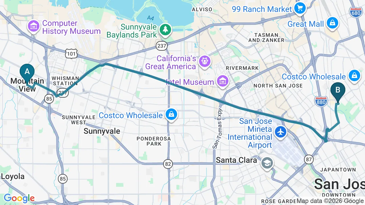 Driving directions map from Mountain View, CA to Rise Family Chiropractic in San Jose