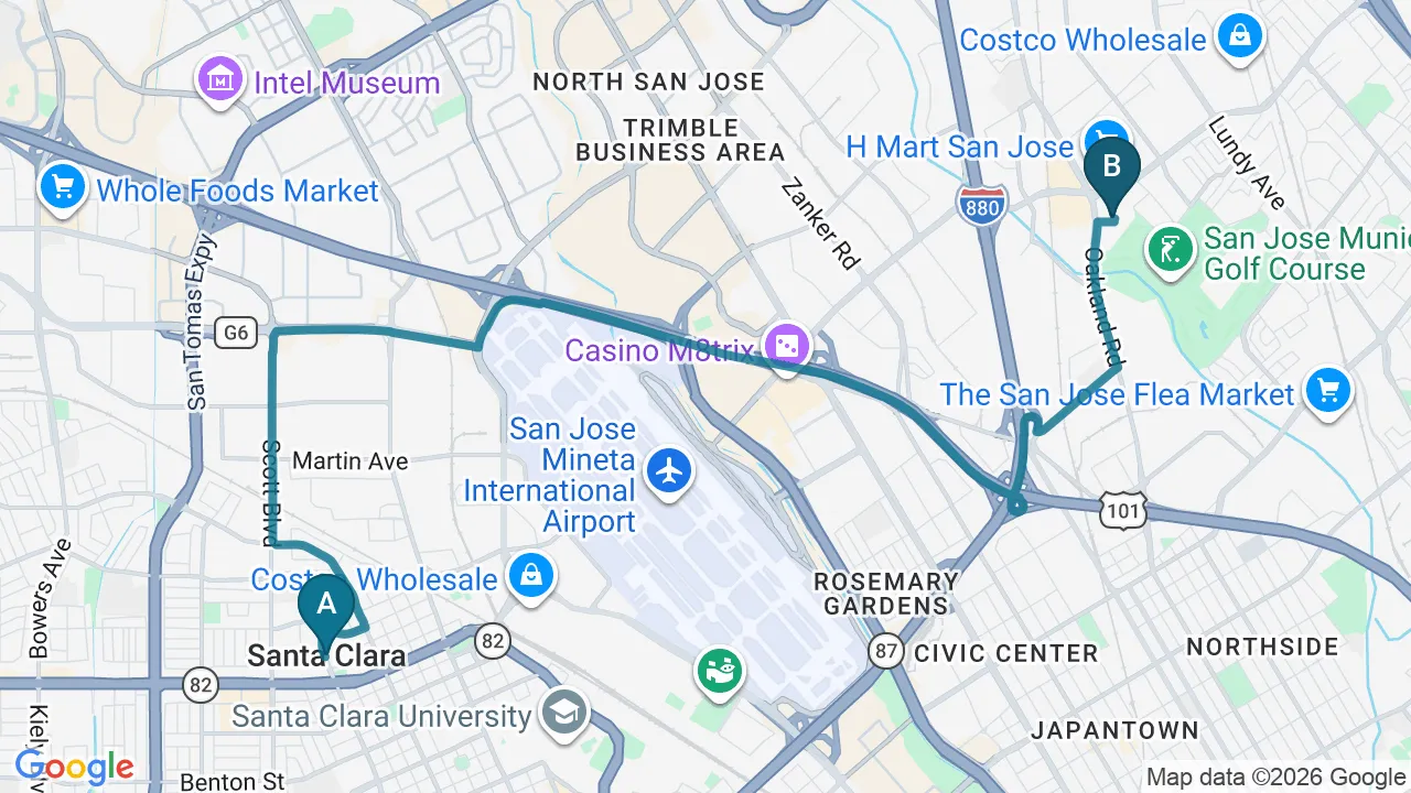 Driving directions map from Santa Clara, CA to Rise Family Chiropractic in San Jose