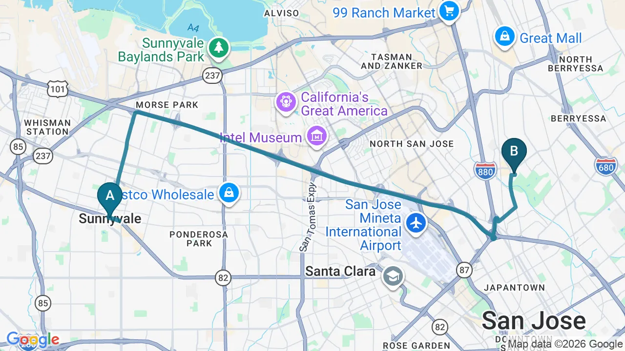 Driving directions map from Sunnyvale, CA to Rise Family Chiropractic in San Jose