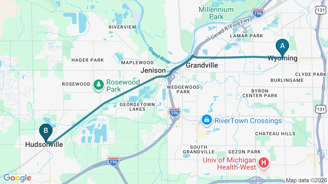 Driving directions map from Wyoming, MI to Rise Family Chiropractic in Hudsonville