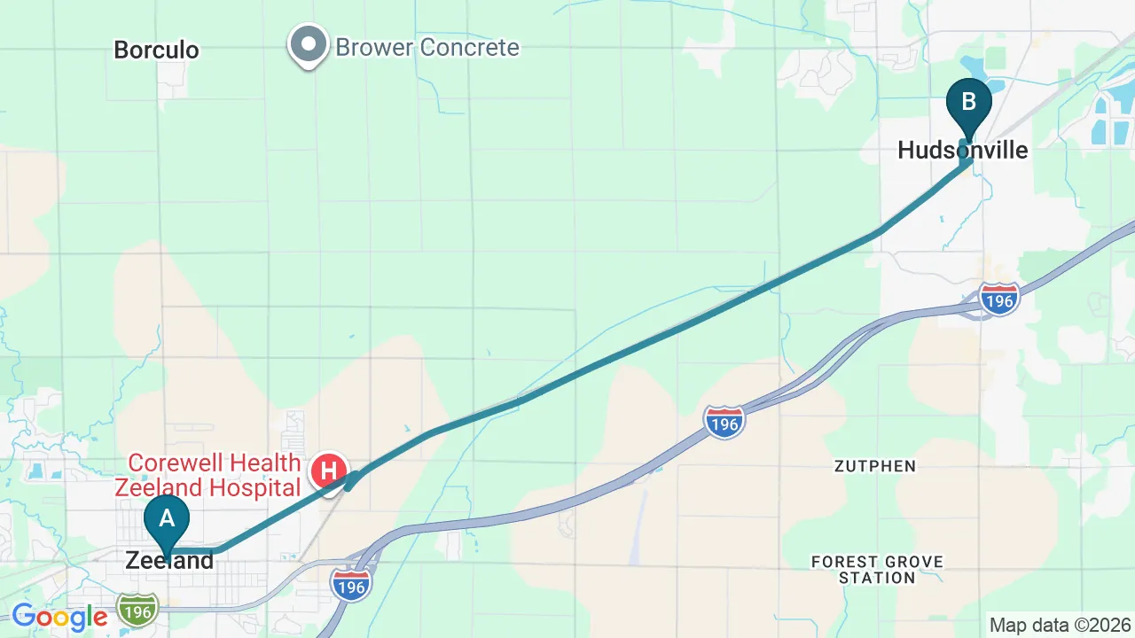 Driving directions map from Zeeland, MI to Rise Family Chiropractic in Hudsonville