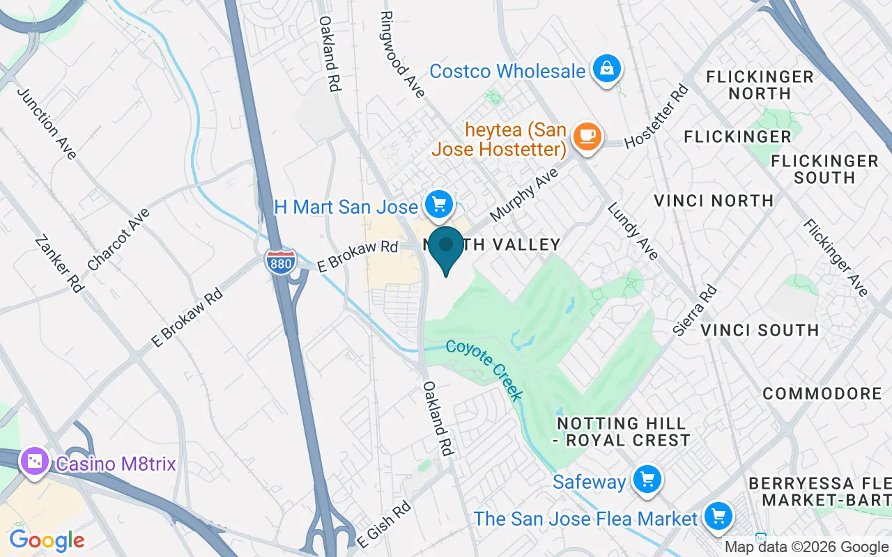 Map showing Rise Family Chiropractic at 1620 Oakland Road, Suite D106, San Jose, CA 95131