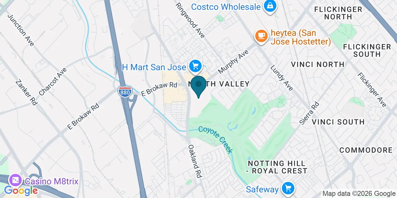 Map showing Rise Family Chiropractic at 1620 Oakland Road, Suite D106, San Jose, CA 95131